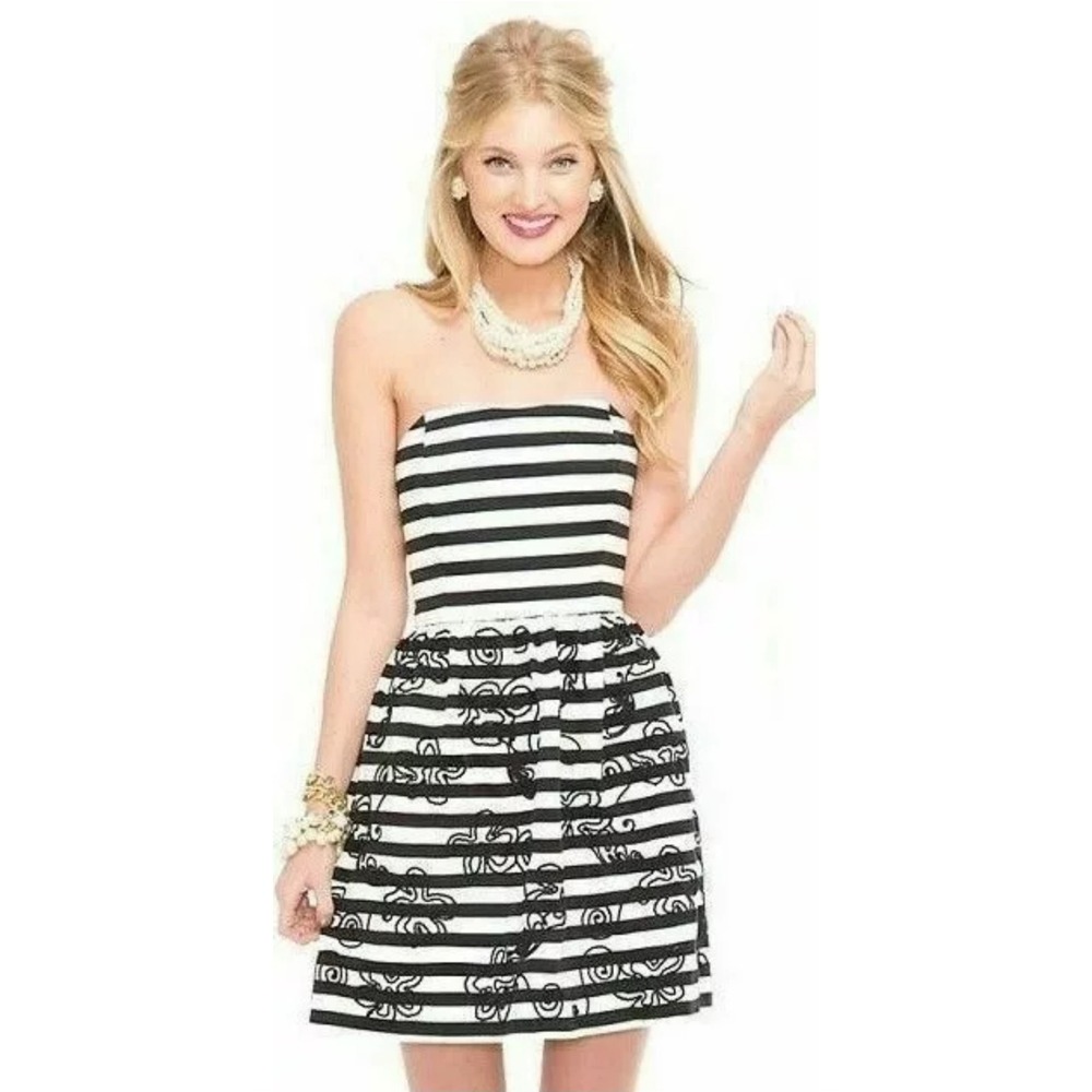Lilly Pulitzer Payton Black White Swizzle Stripe Soutache Strapless Dress Size 4 - Picture 1 of 6